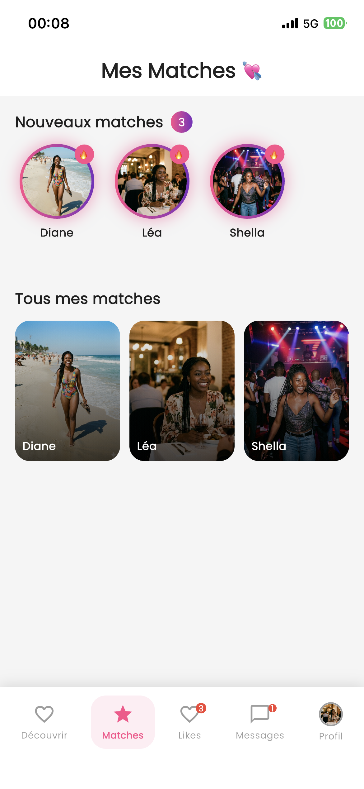 Écran matches Kiff Me